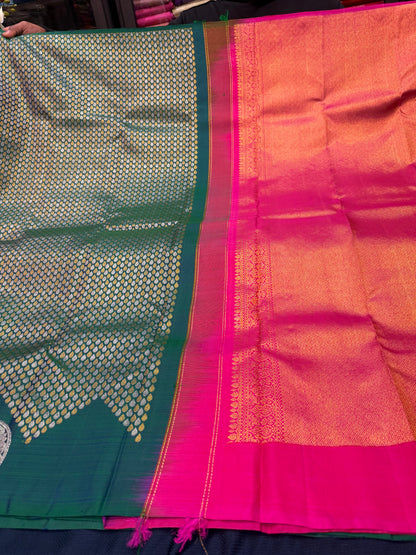 Kanchipuram Pure Silk handloom Saree Indian Kanjivaram Green Sari SPK427
