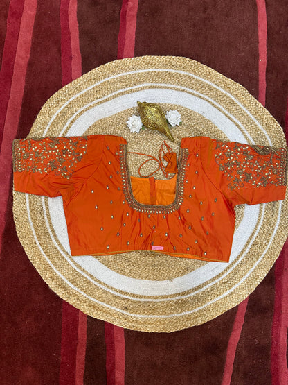 50” Size 20 Aari Worked Sari Blouse Indian Saree Top Silk Orange B110