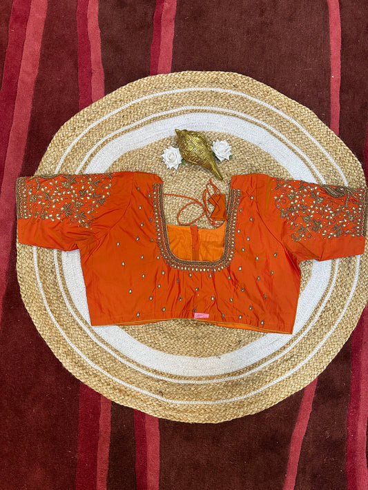 50” Size 20 Aari Worked Sari Blouse Indian Saree Top Silk Orange B110