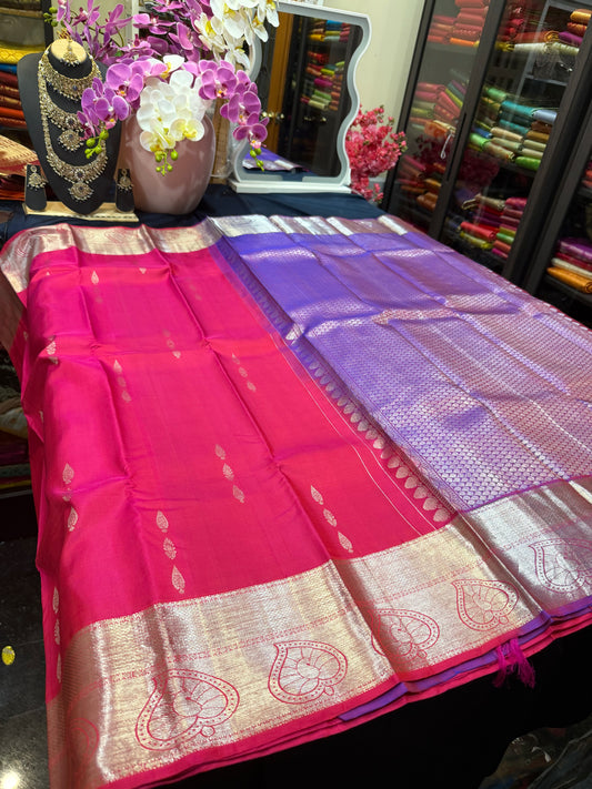Kanchipuram Pure Silk Saree with Gold Zari Pink & Purple Sari| SPK079