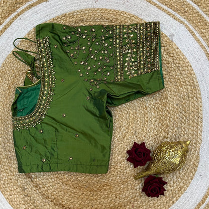 44” Size 14 Aari Worked Sari Blouse Indian Saree Top Silk Green B248