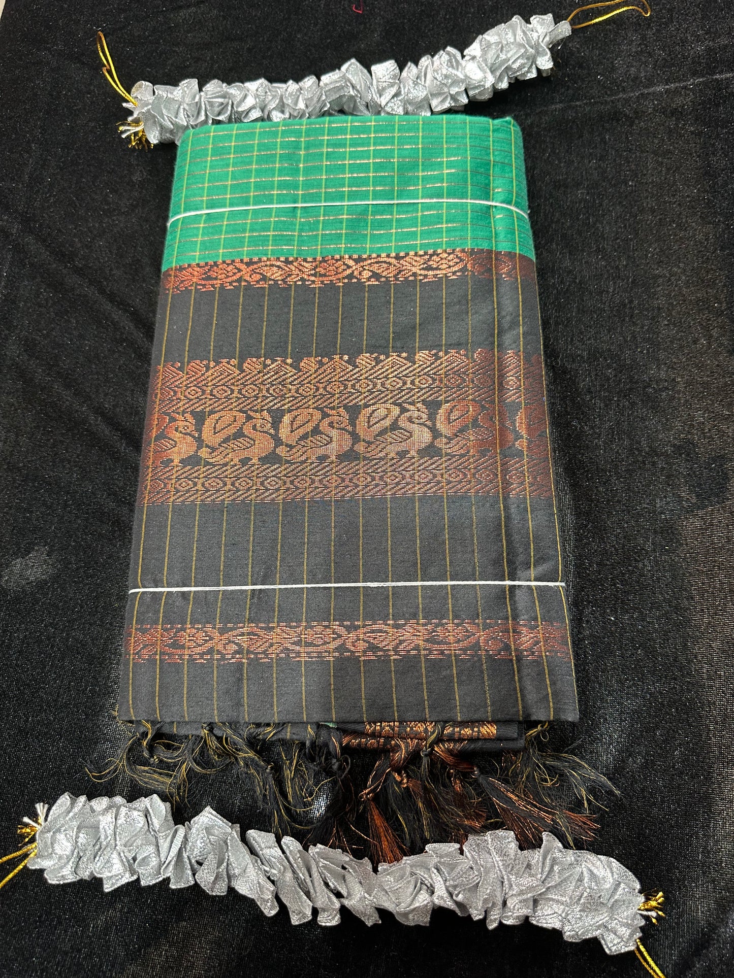 Kalyani Silk Cotton Sari Indian Saree Green & Black S140