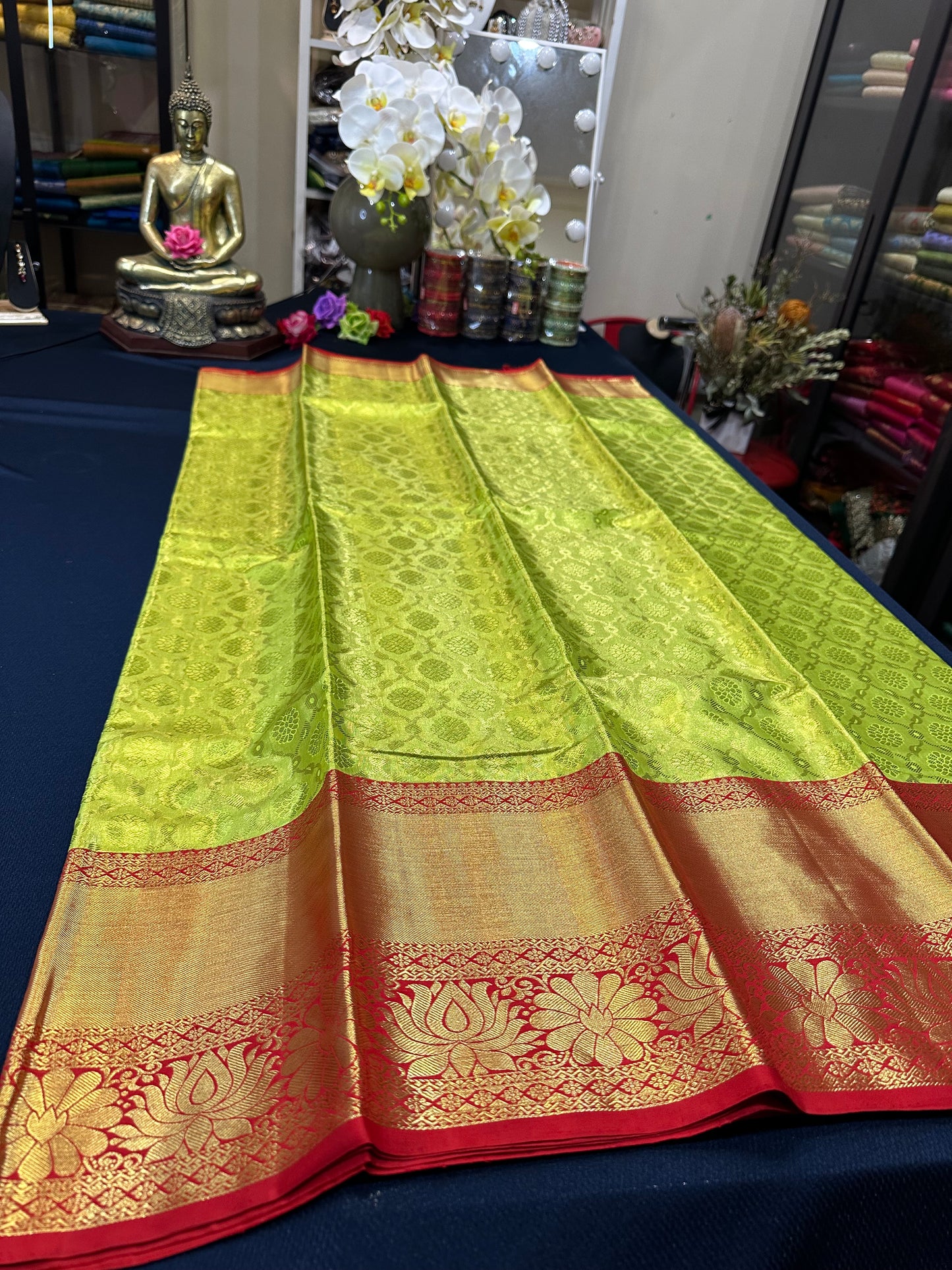 Tissue Bridal Kanchipuram Pure Silk Saree Greenish Yellow & Red Kanjivaram Sari| SPK090