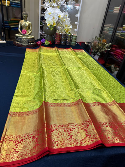 Tissue Bridal Kanchipuram Pure Silk Saree Greenish Yellow & Red Kanjivaram Sari| SPK090