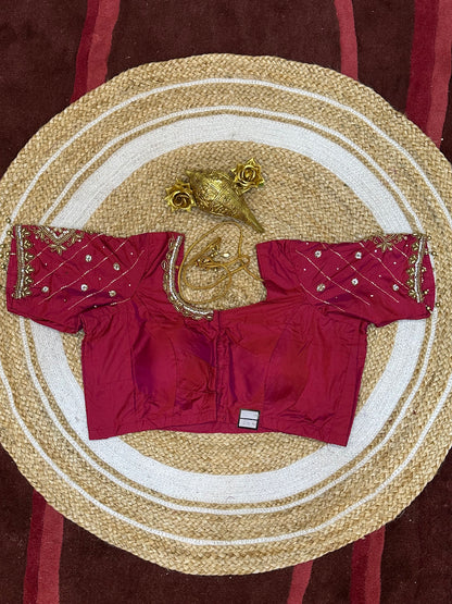 40” Size 10 Aari Worked Sari Blouse Indian Saree Top Silk Pinkish Red B73