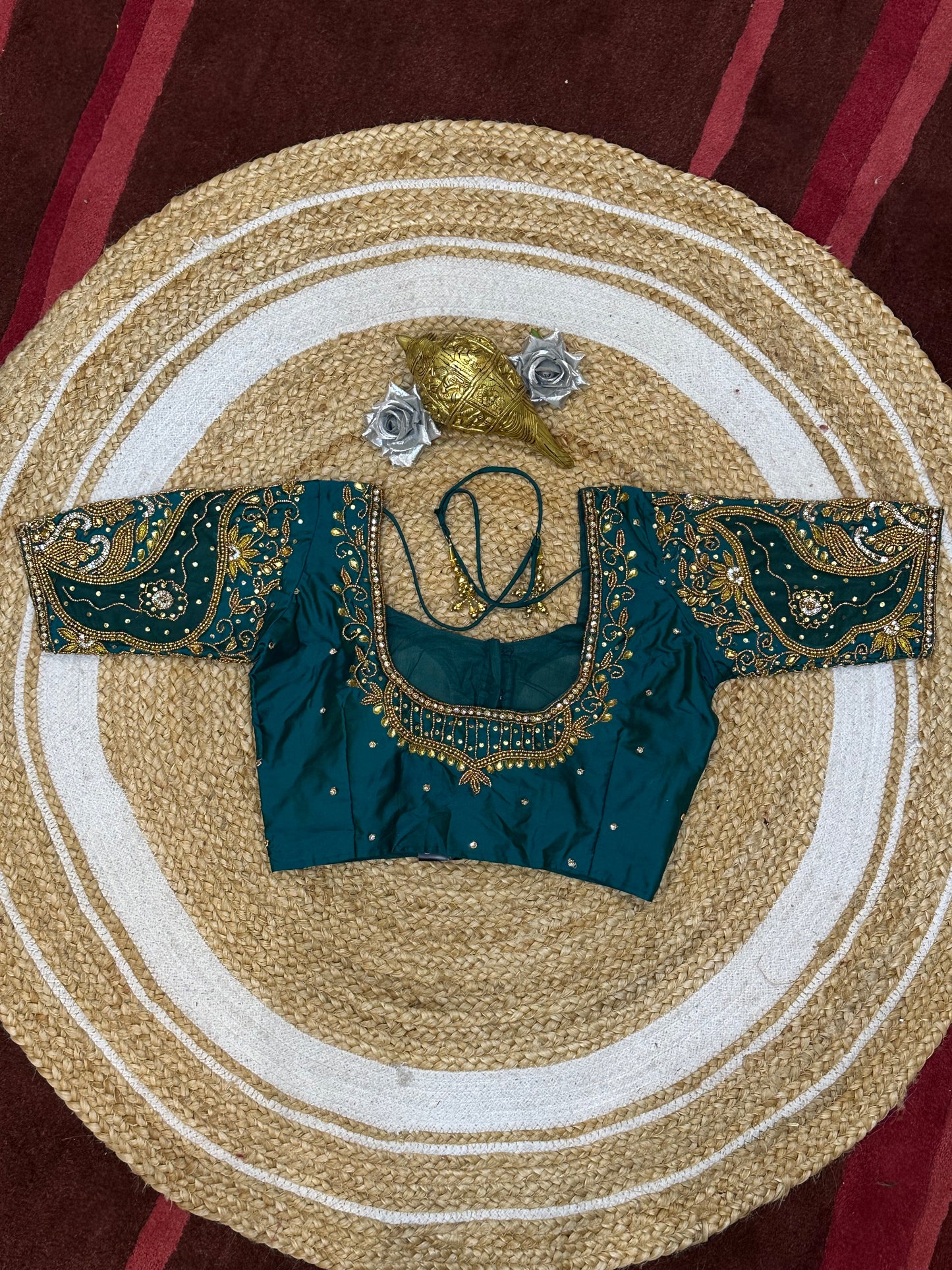 34” XS Aari Worked Sari Blouse Indian Saree Top Silk Turquoise B121