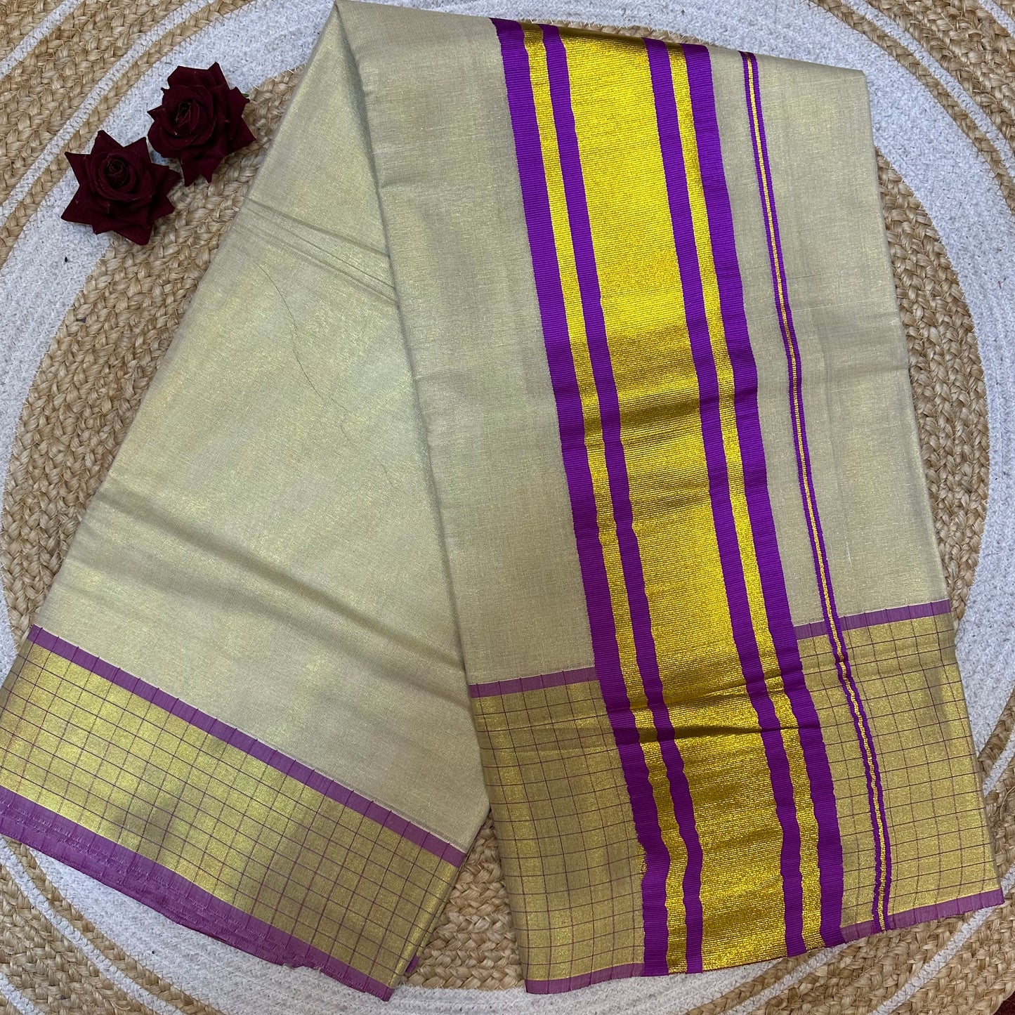 Red Kerala Vishu Sari Indian Cream Tissue Saree C35 - Col 7