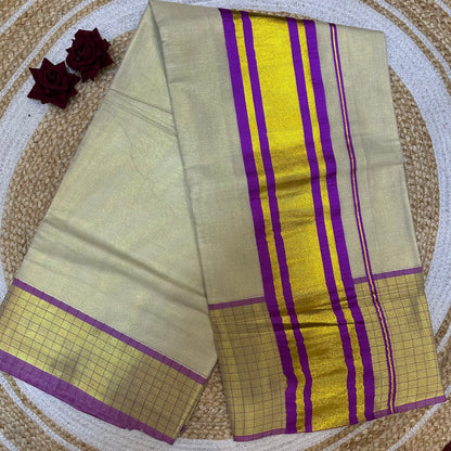 Red Kerala Vishu Sari Indian Cream Tissue Saree C35 - Col 7