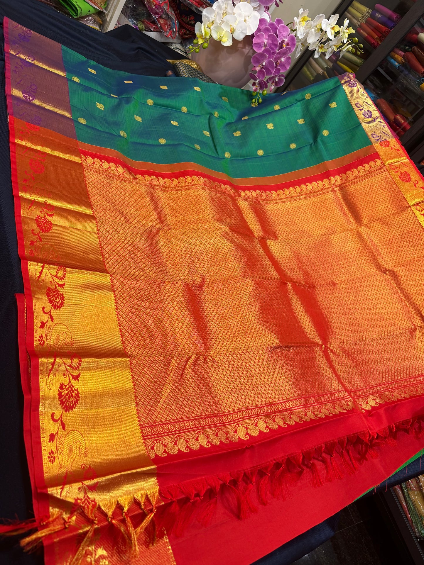 Kanchipuram Pure Silk handloom Saree Indian Kanjivaram Green Red Sari SPK429
