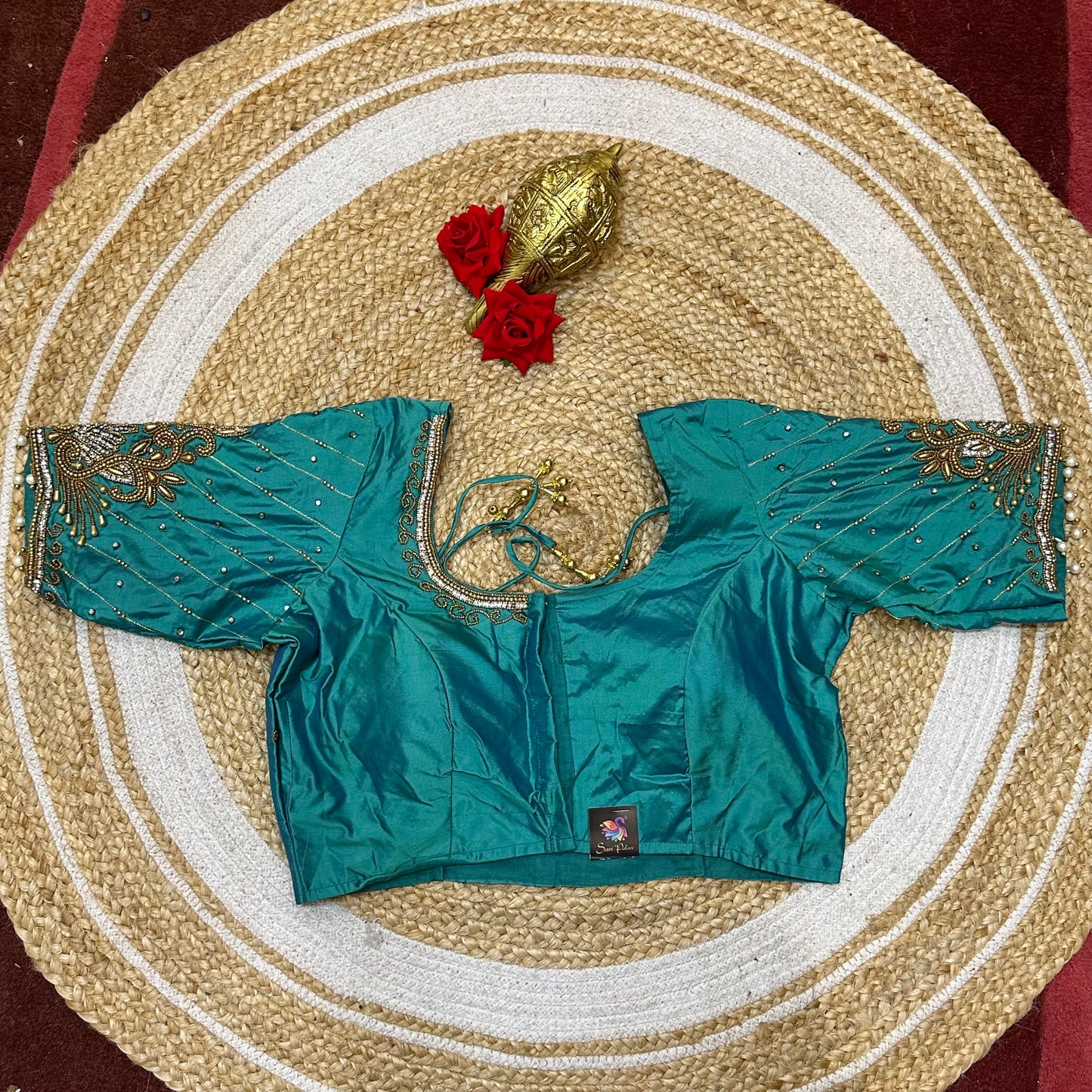 40” Size 10 Aari Worked Sari Blouse Indian Saree Top Silk Blue B95