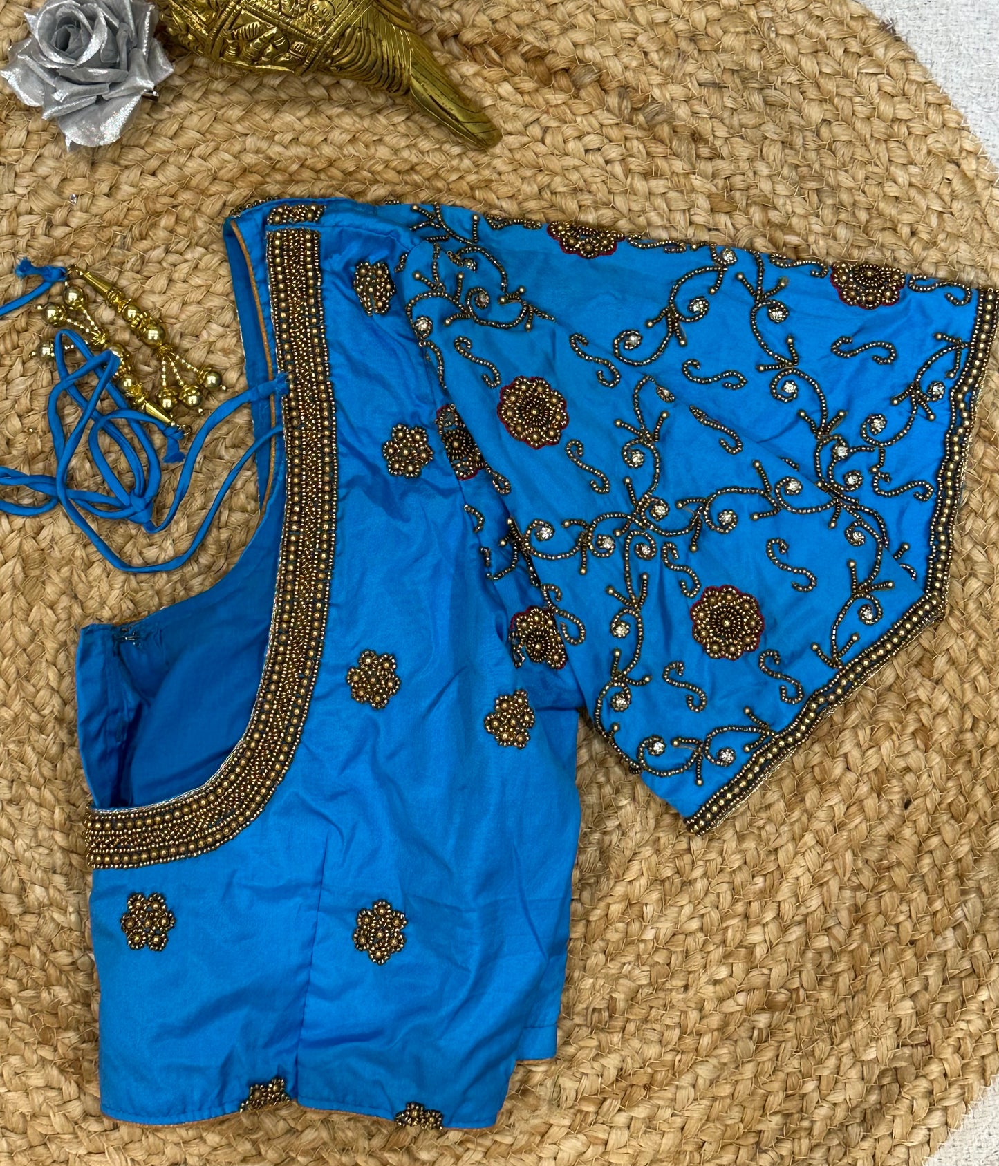 34” XSmall size Aari Worked Sari Blouse Indian Saree Top BLUE B143