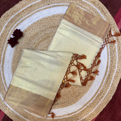 Brown Kerala Vishu Sari Indian Cream Tissue Saree C34