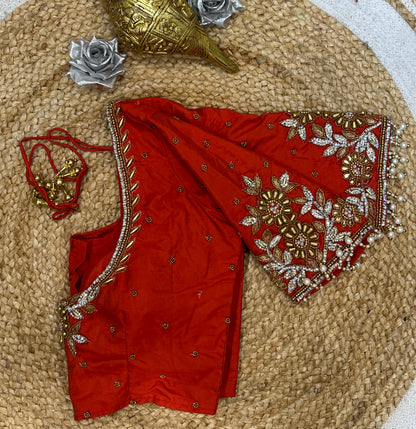 34” XSmall Aari Worked Sari Blouse Indian Saree Top Silk Red B125