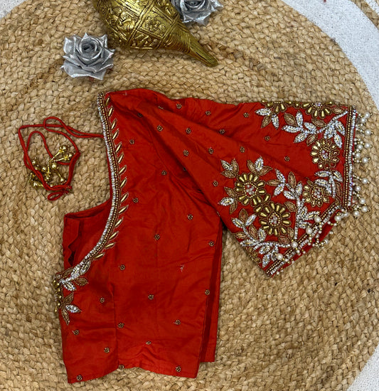 34” XSmall Aari Worked Sari Blouse Indian Saree Top Silk Red B125