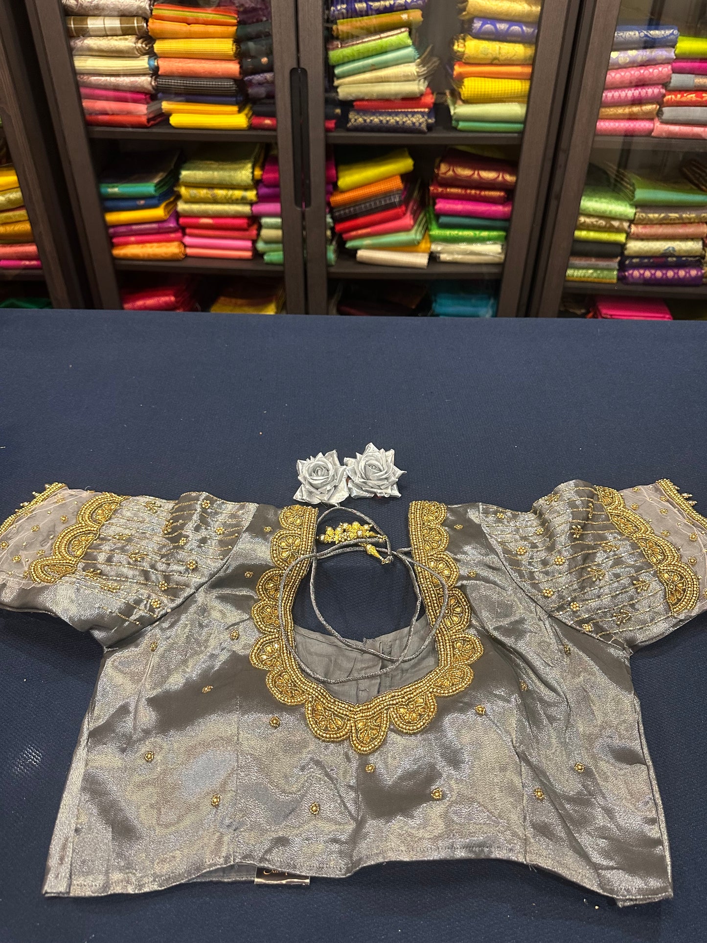 40” Aari hand Worked Sari Blouse Indian Top Choli Silk Metallic Antique Gold B15