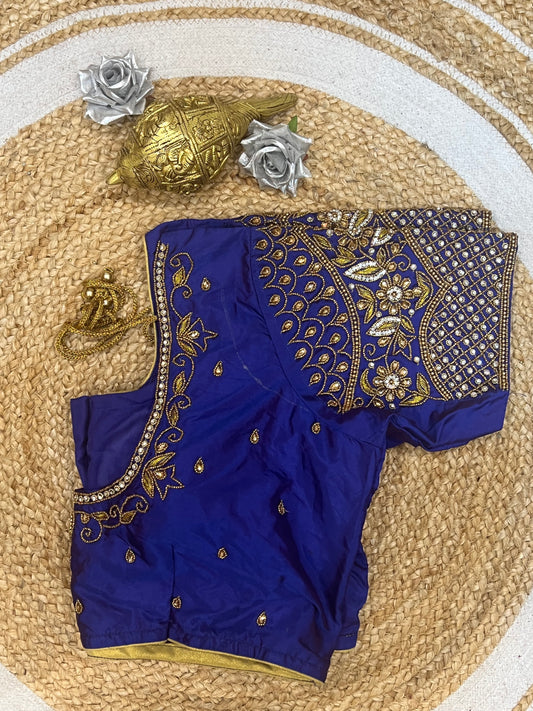 48” Size 18 Aari Worked Sari Blouse Indian Saree Top Silk Blue B130
