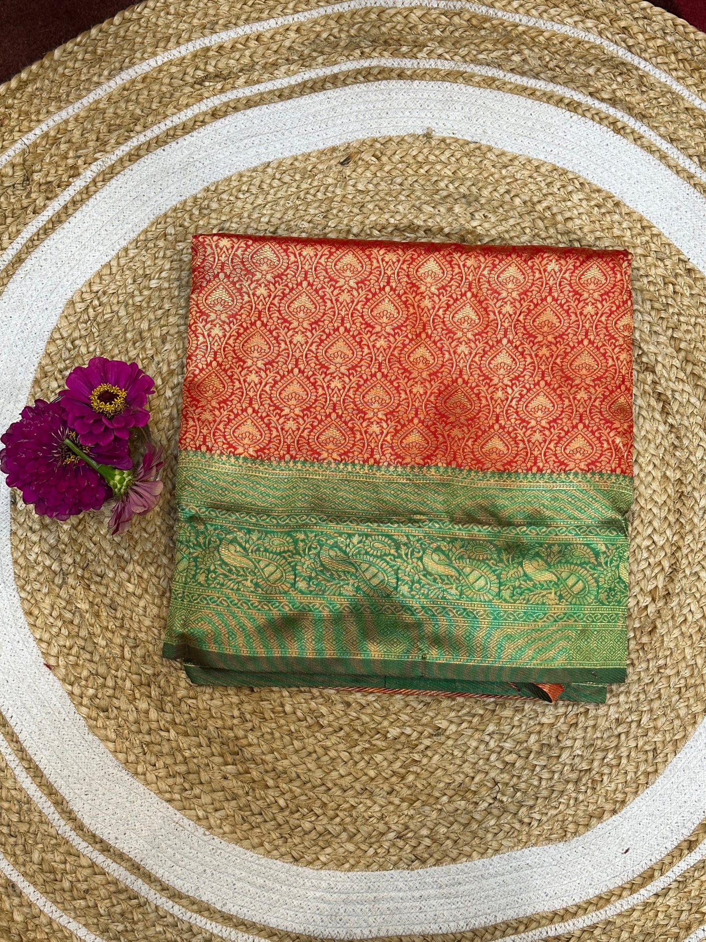 Art Silk Sari Indian Fancy Saree Red & Green S74