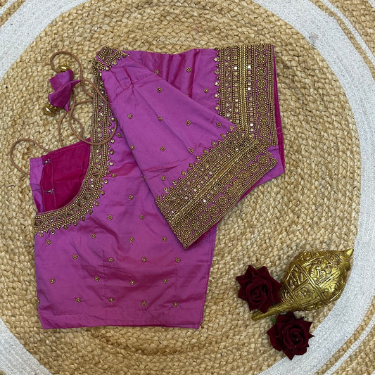 44” Size 14 Aari Worked Sari Blouse Indian Saree Top Silk Pink B256