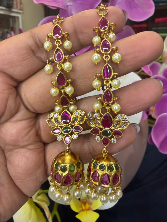 Golden Multi Jumka Jhumka Indian Brass Earrings Jimikki Kammal with chain Indian Jewellery E32