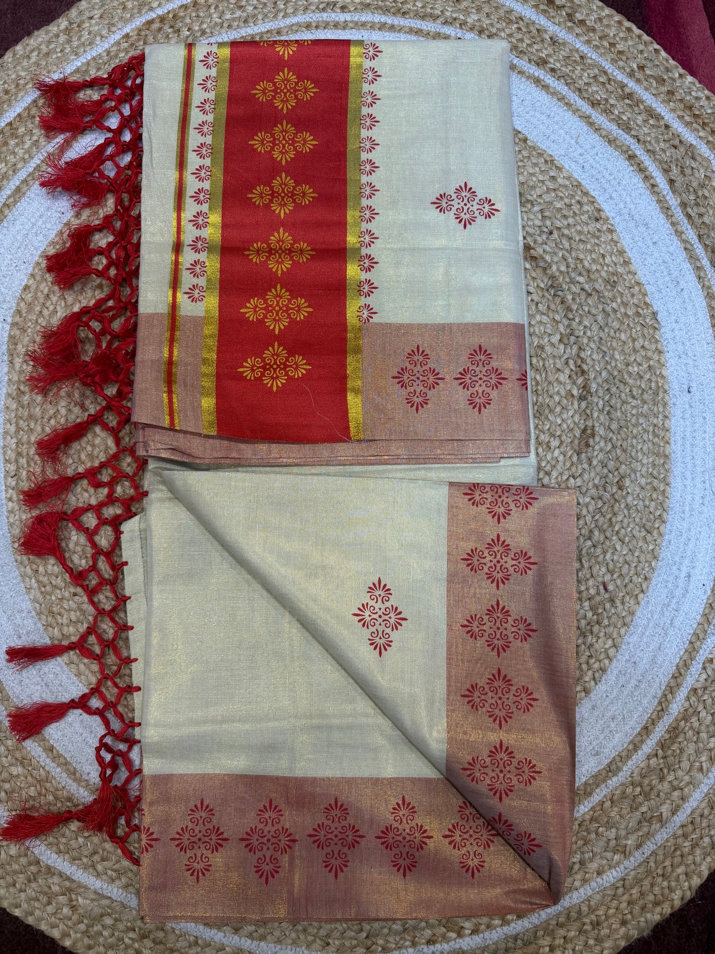Green Kerala Vishu Sari Indian Cream Tissue Saree C9 - Col 2