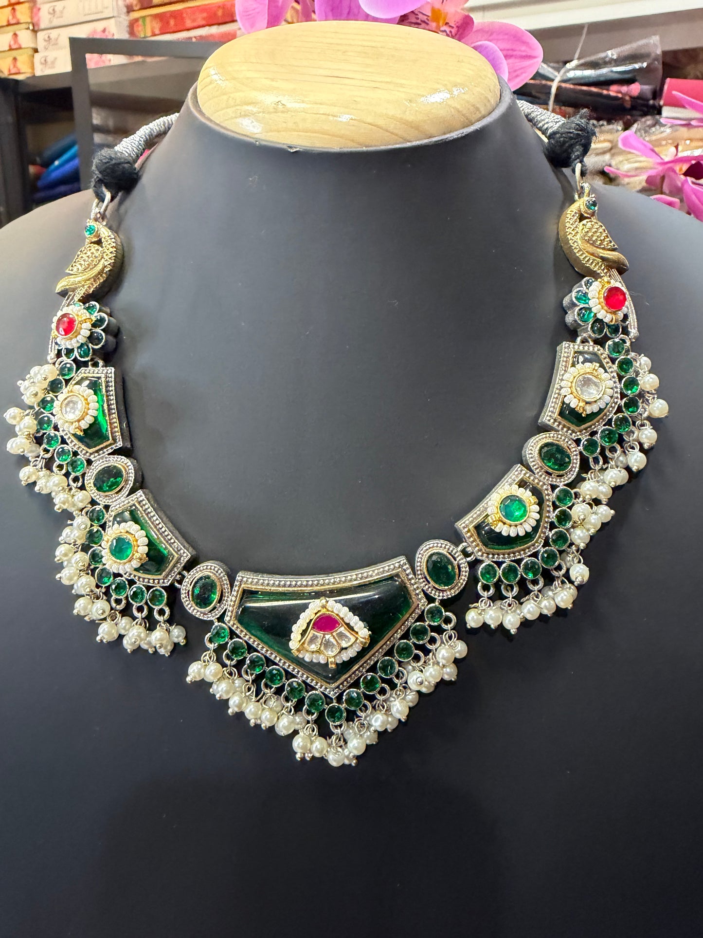 Handmade Brass Necklace with Silver polish Indian Tribal Green Jewellery N94