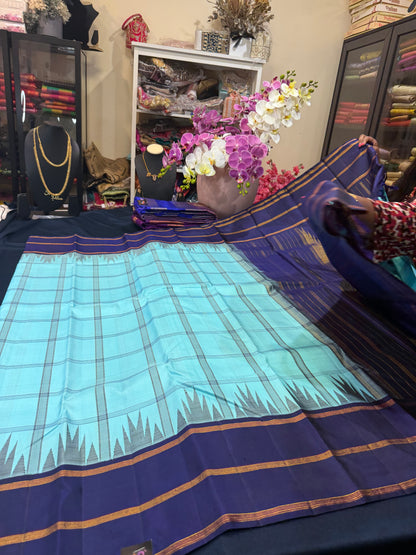 2g Gold Kanchipuram Pure Silk Saree Blue Vintage Kanjivaram Sari SPK212