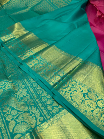 Kanchipuram Pure Silk Saree Pink & Green Kanjivaram Sari| SPK205