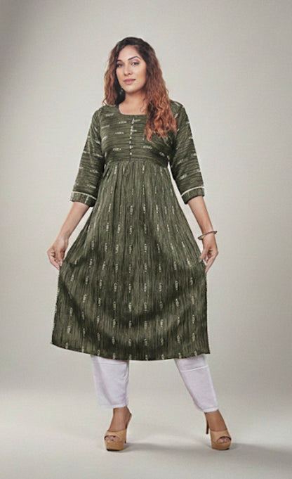 38” Medium Anarkali style Long Kurti with Pants Olive Green SS03