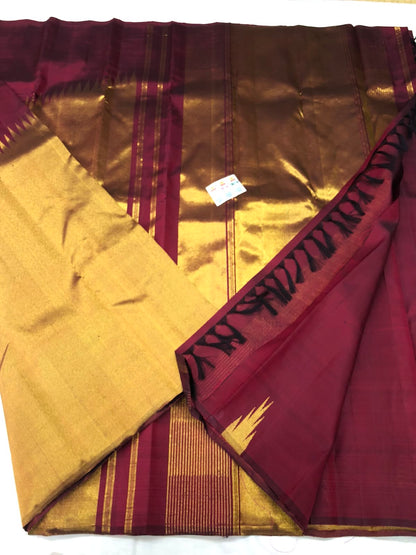 Raising Border Kanchipuram Pure Silk Saree Maroon Indian Kanjivaram Sari| SPK356