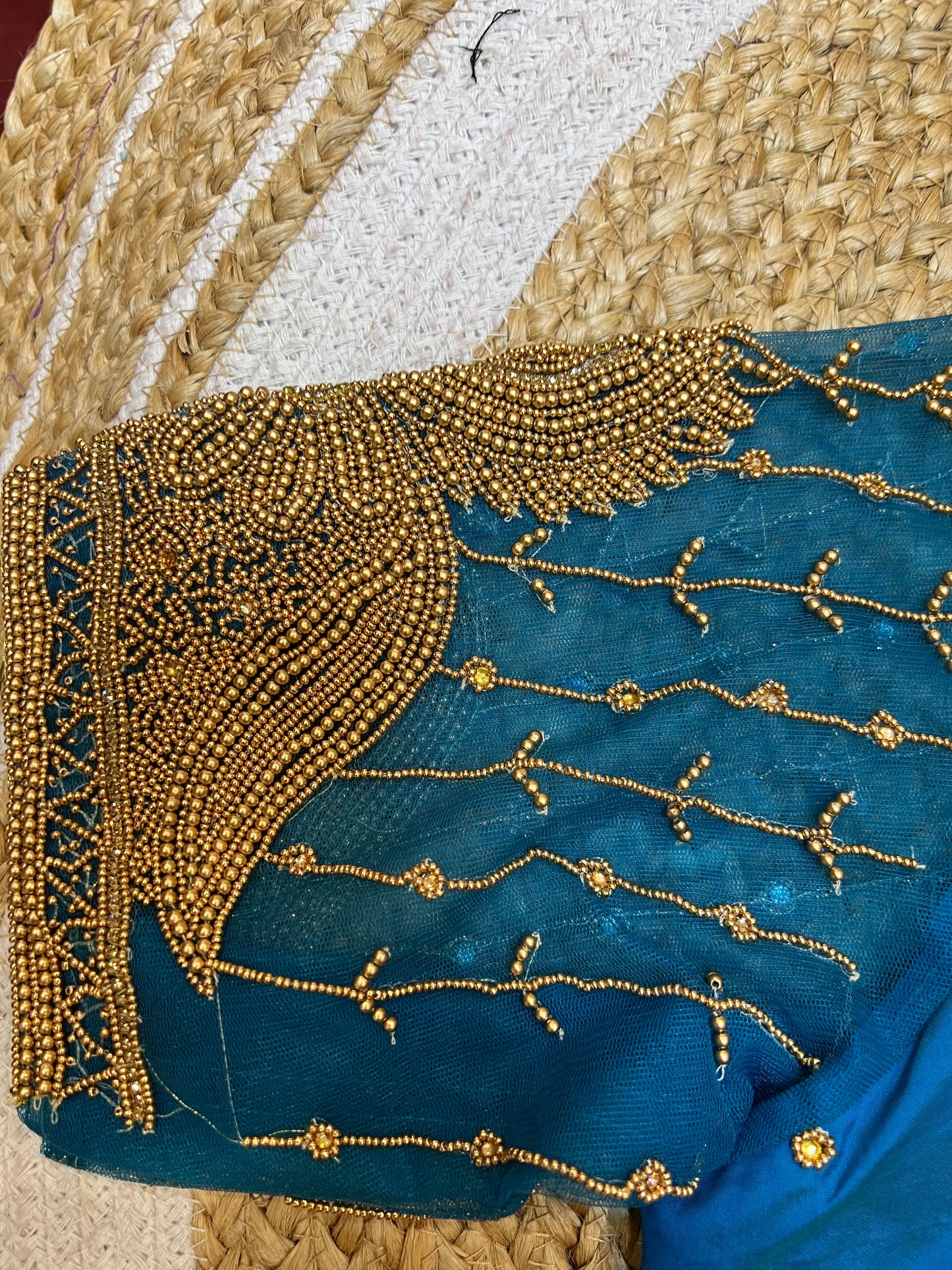 40” Bridal Aari hand Worked Sari Blouse Indian Top Choli Silk Blue B41