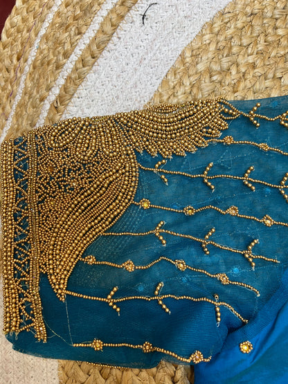 40” Bridal Aari hand Worked Sari Blouse Indian Top Choli Silk Blue B41