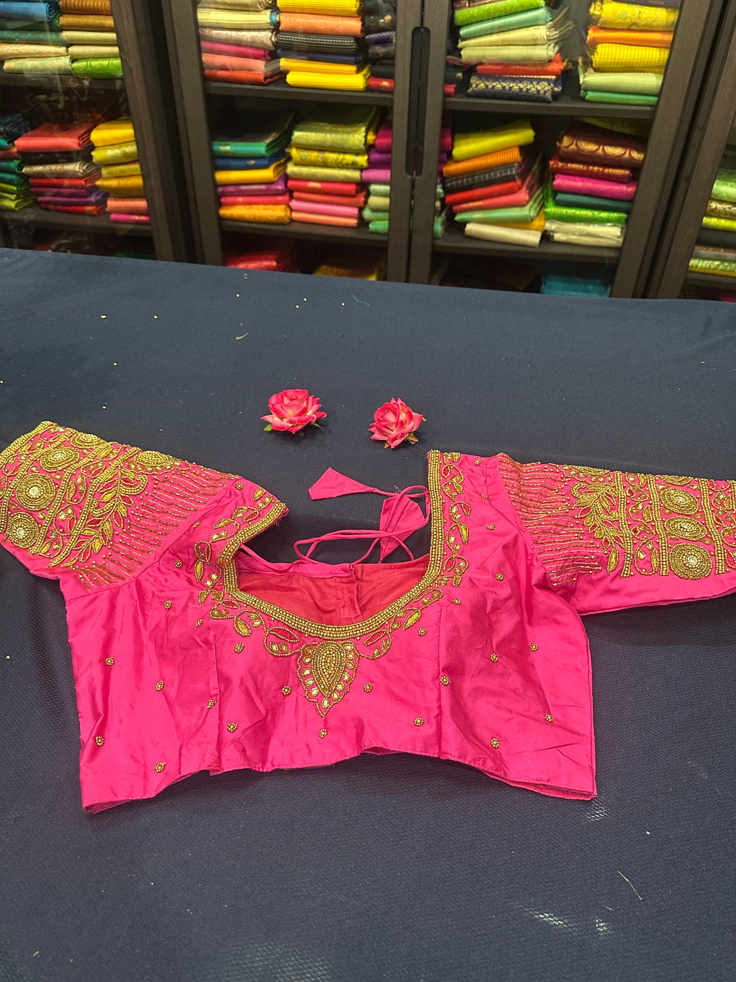 40” Aari hand Worked Sari Blouse Indian Top Choli Silk Pink Gold B11