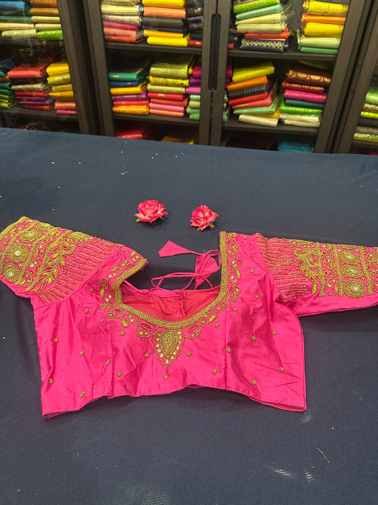 40” Aari hand Worked Sari Blouse Indian Top Choli Silk Pink Gold B11