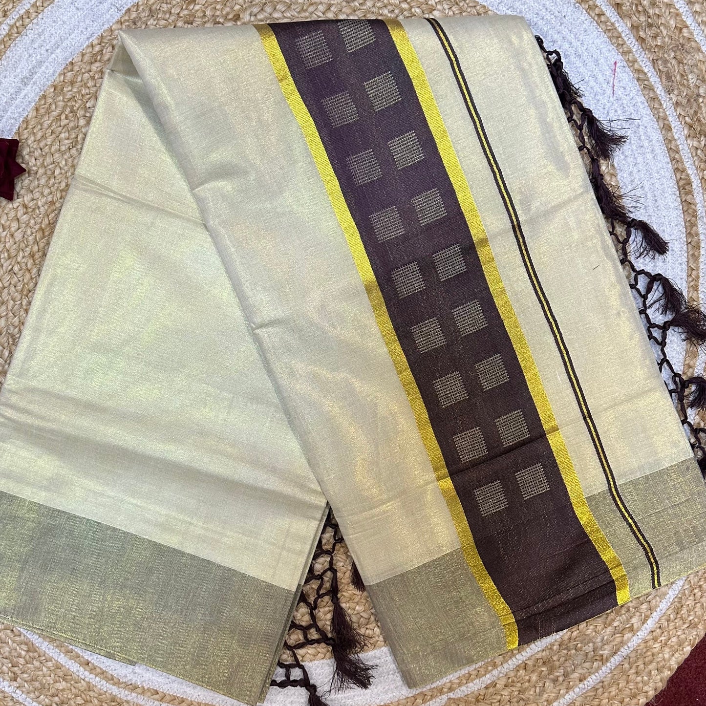 Brown Kerala Vishu Sari Indian Cream Tissue Saree C34