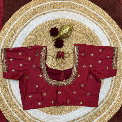 44” Size 14 Aari Worked Sari Blouse Indian Saree Top Metallic Red B262