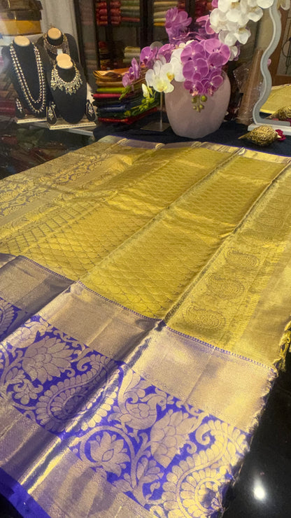 Kanchipuram Tissue Bridal Pure Silk Saree with Gold Zari Blue & Gold Sari| SPK097