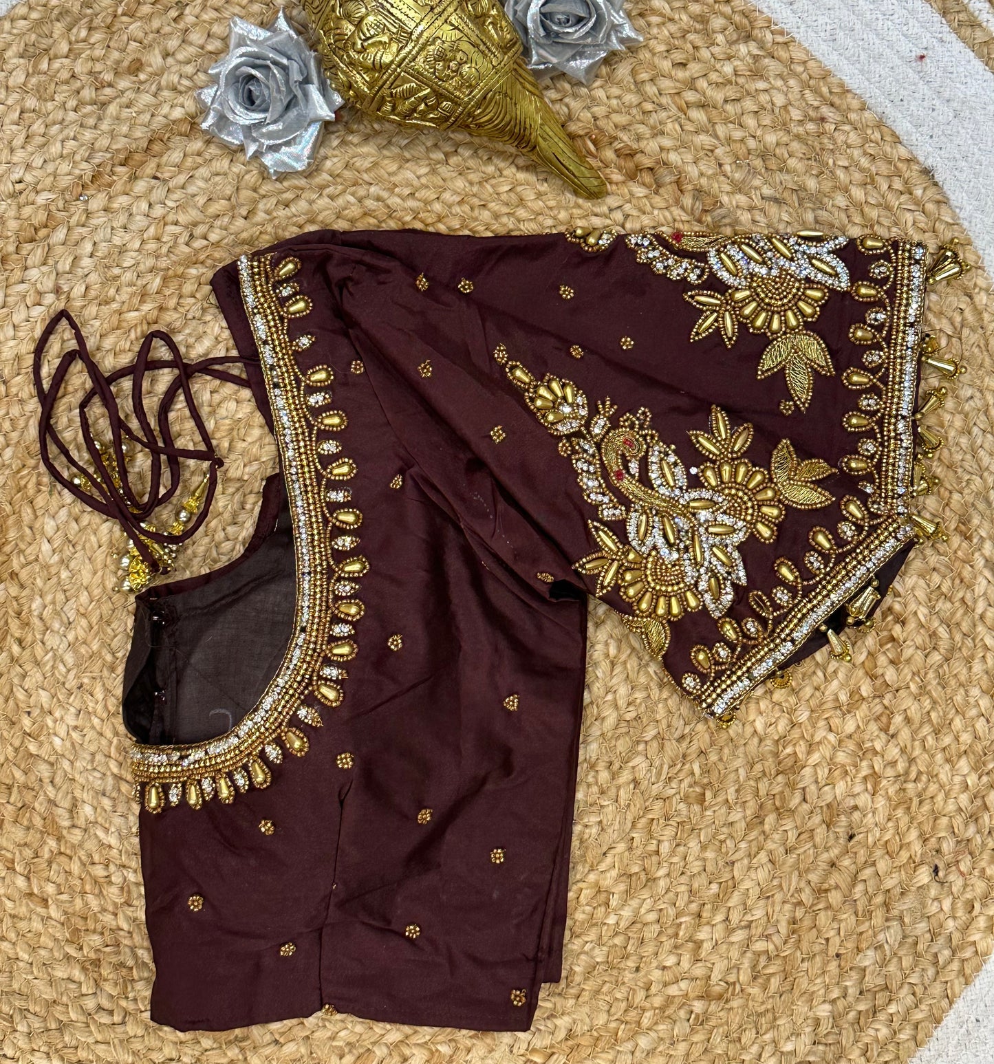 34” XSmall Aari Worked Sari Blouse Indian Saree Top Silk Deep Wine B123