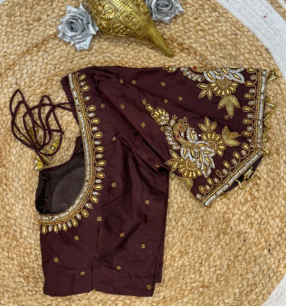 34” XSmall Aari Worked Sari Blouse Indian Saree Top Silk Deep Wine B123