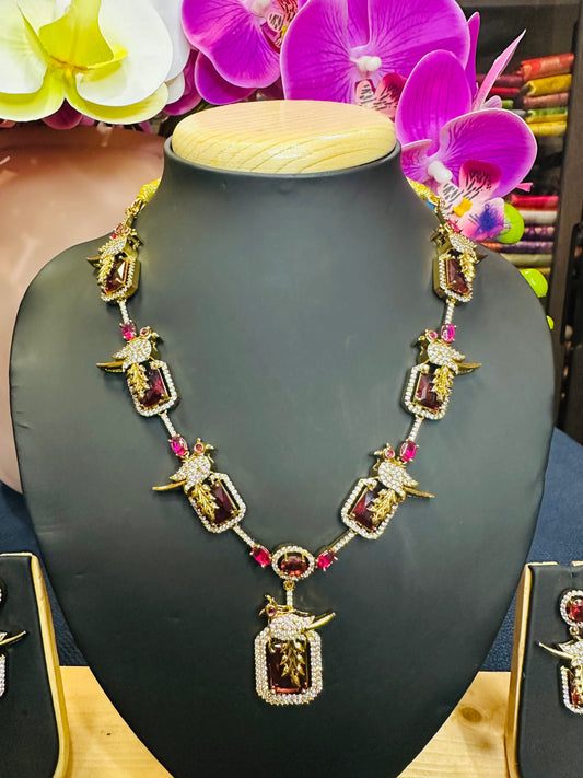 Indian Victorian Polish Peacock Brass Necklace & Earrings Jewellery Set Ruby N75