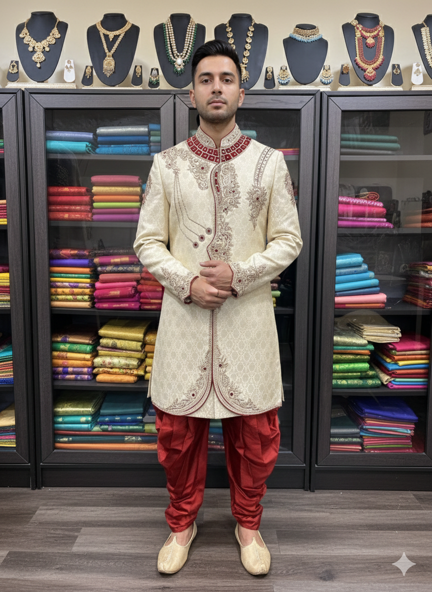 38” Medium size Men’s Kurta Indian Gold & Maroon Sherwani Bollywood outfit M11