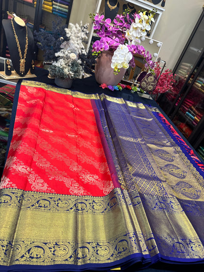 Bridal Kanchipuram Pure Silk Saree Red & Blue Kanjivaram Sari| SPK130