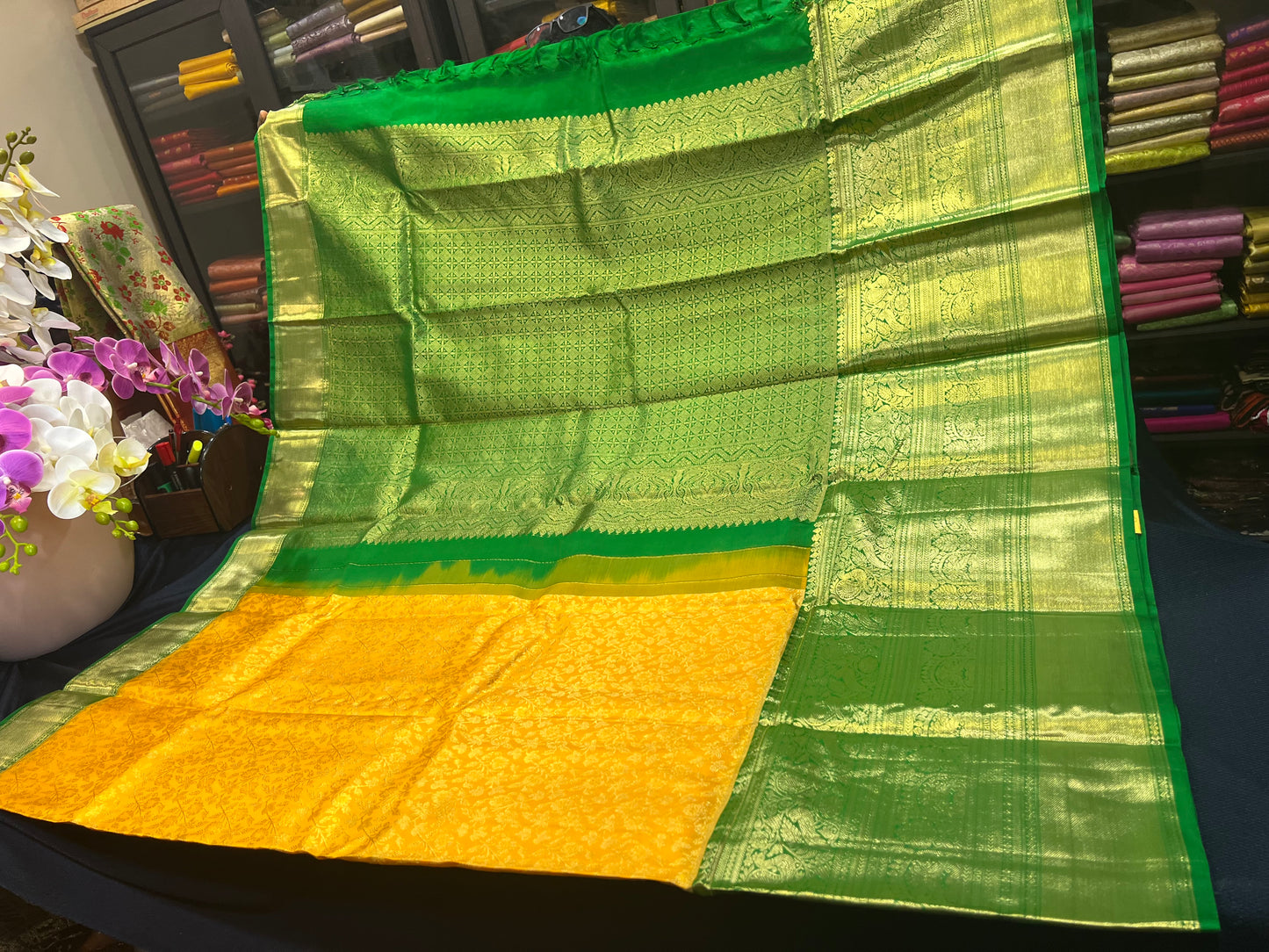 Kanchipuram Pure Silk Saree Yellow & Green Kanjivaram Sari| SPK087