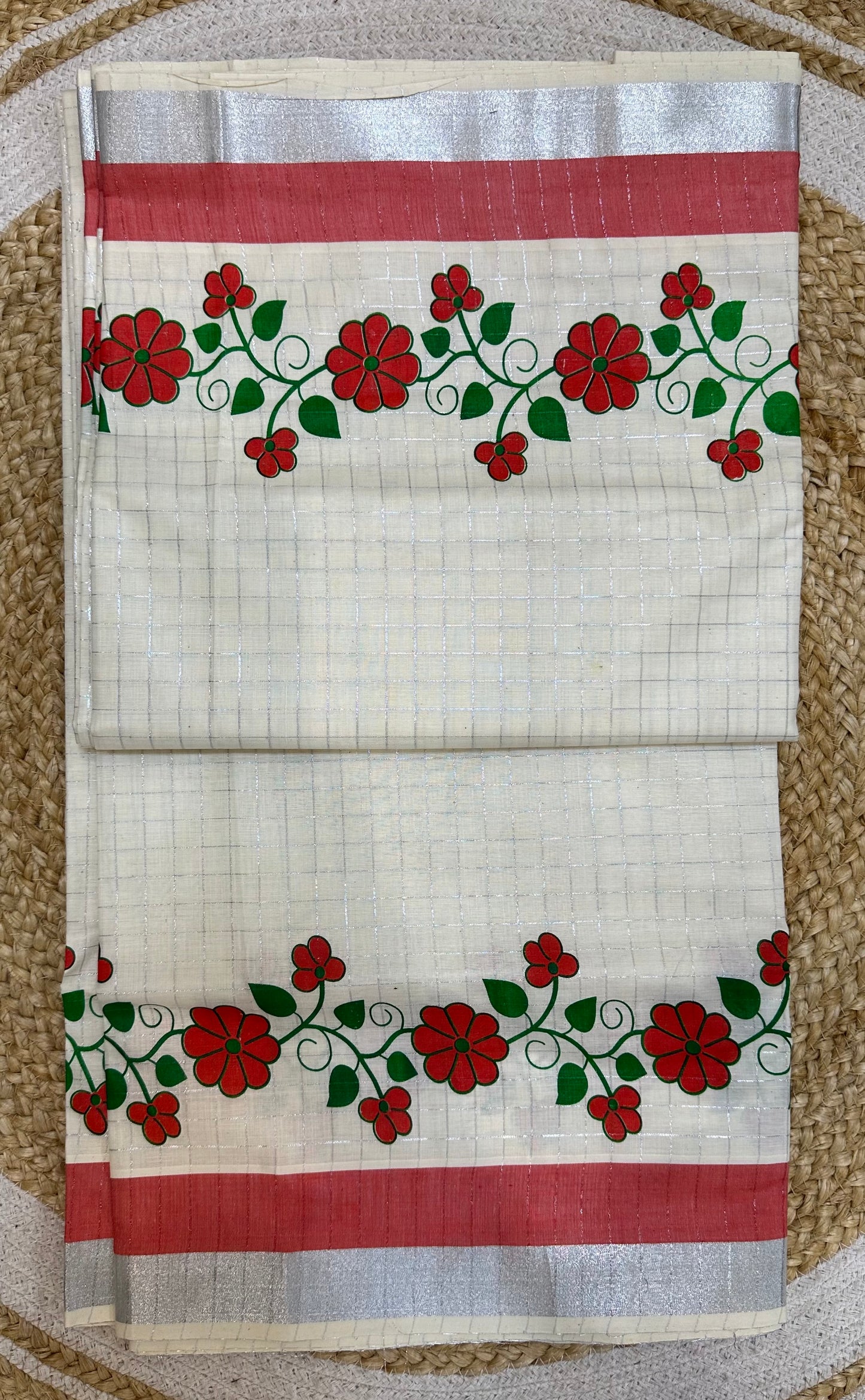 Kerala Vishu Sari Indian hand Printed Kasavu Onam Saree C20