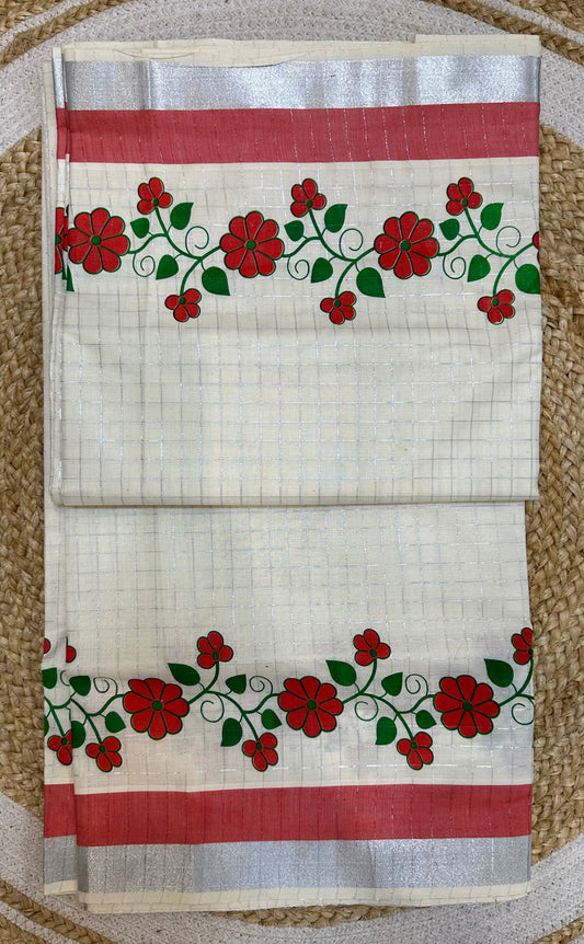 Kerala Vishu Sari Indian hand Printed Kasavu Onam Saree C20
