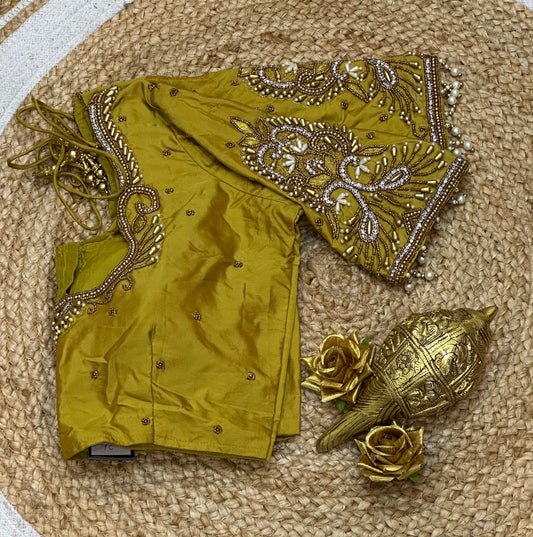 36” Small size Aari Worked Sari Blouse Indian Saree Mustard Yellow B215