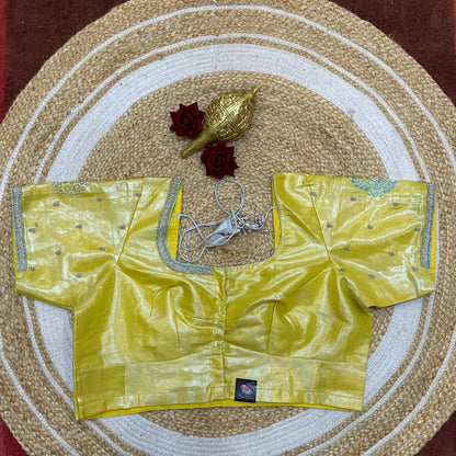 L44” Size 14 Aari Worked Sari Blouse Indian Saree Top Metallic Yellow B261