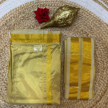 38” Med Men’s South Indian Vesti Shirt Combo Gold Silk Dhotti V13