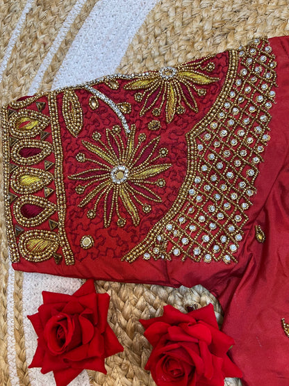 40” Bridal Aari hand Worked Sari Blouse Indian Top Choli Silk Red B40