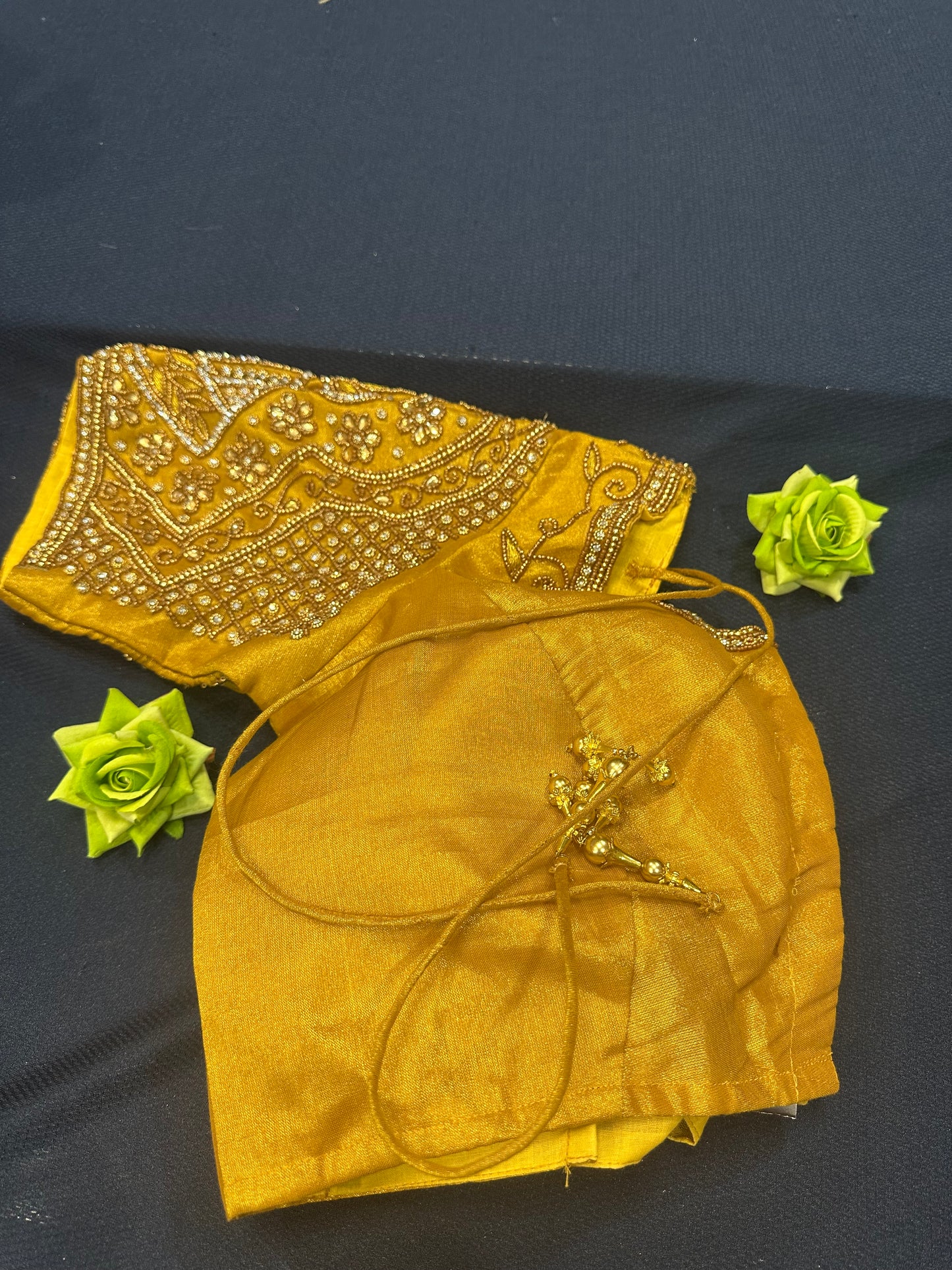 40” Aari hand Worked Sari Blouse Indian Top Choli Silk Gold B9