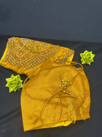 40” Aari hand Worked Sari Blouse Indian Top Choli Silk Gold B9